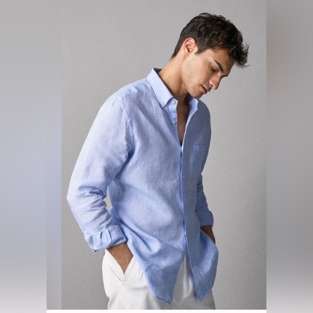 Massimo Dutti Pure Linen Shirt L light blue preppy